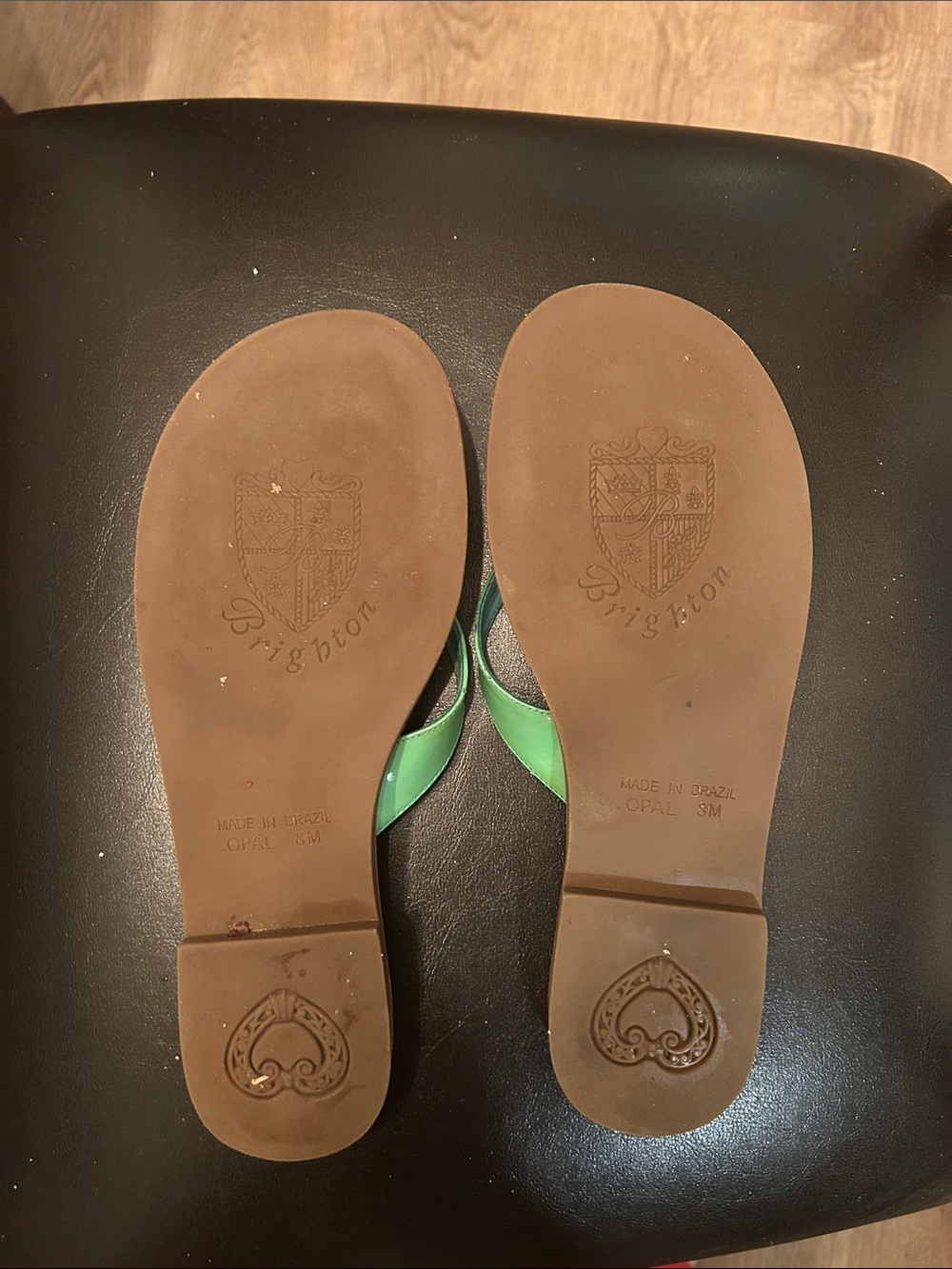 Brighton Aqua Footbed Green Strap Sandals with Coral Trim and Silver Emblems - Picture 2 of 2